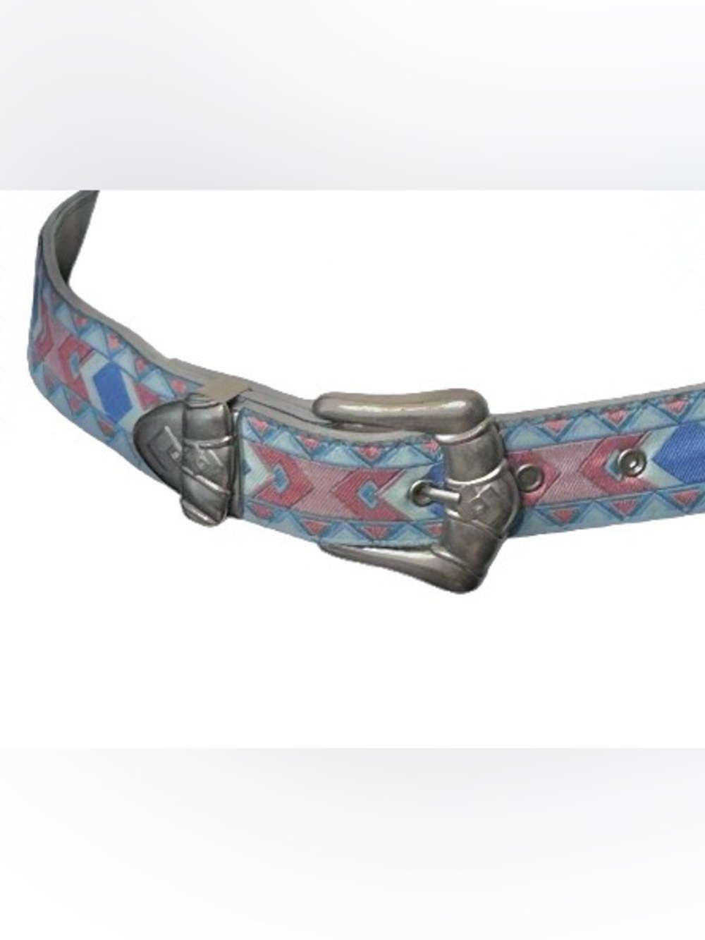 Nuovo Vintage Fabric Belt Southwestern Pink Blue Pattern Silver SMALL 5 90s 80s